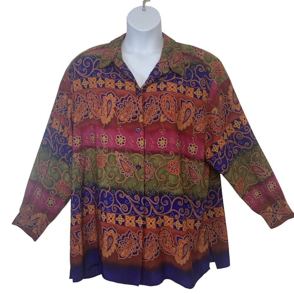 Vintage Button Up Blouse 3X Floral Colorful Maggie McNaughton Long Sleeve Work
